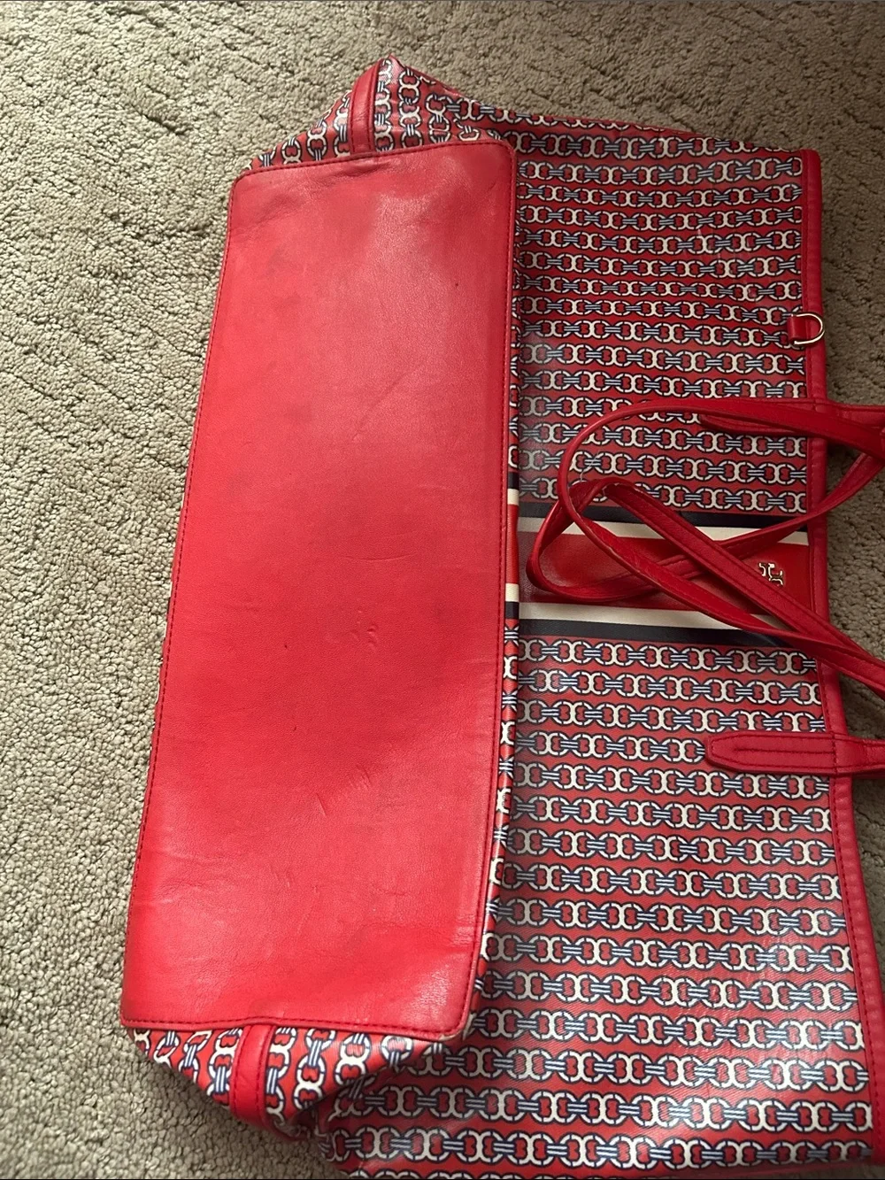 Tory Burch Gemini Red, White and Navy Patterned Canvas Tote
